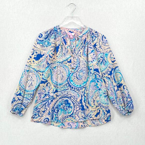 Lilly Pulitzer Tops - LILLY PULITZER Elsa Printed Silk Blouse Womens XS Blue Pink Long Sleeve Top FLAW